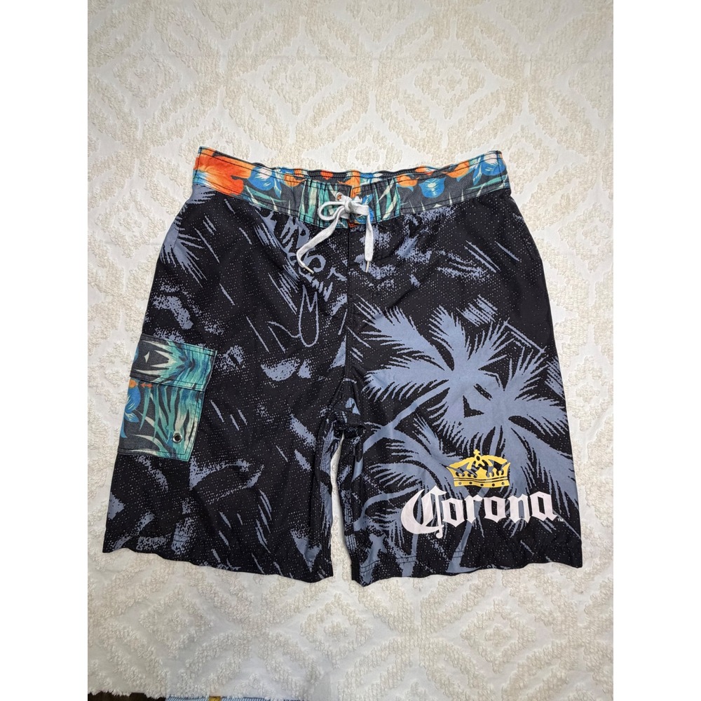 Corona Board Shorts Palm Tree Swim Trunks Black Blue 32 Beach Surf Cargo Pocket